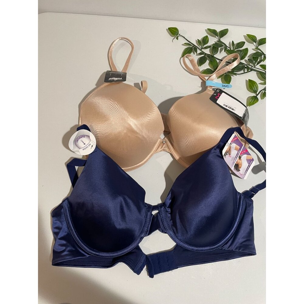 2-Pack Maidenform 36C Satin Underwire Bras Beige & Navy With Adjustable Straps